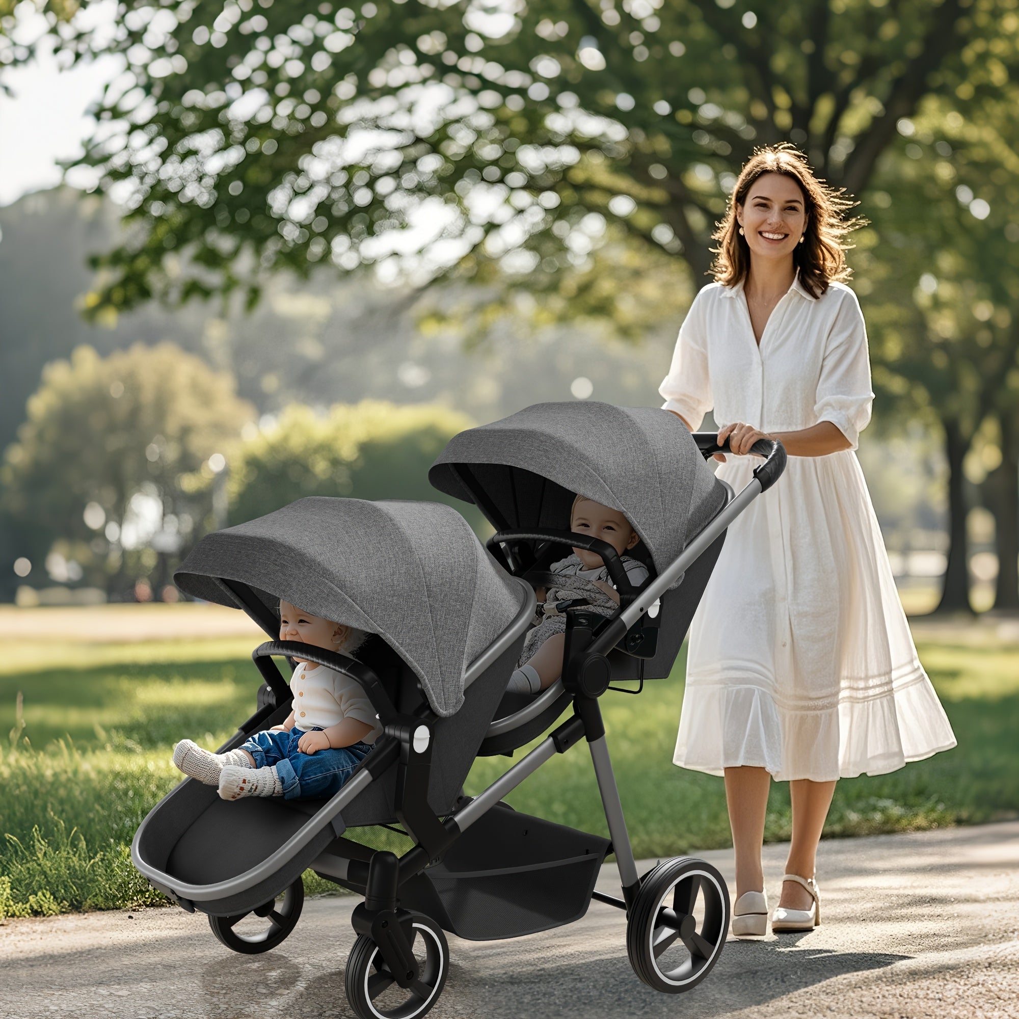 Foldable Double Stroller - Tandem Design with Adjustable Backrest, Reversible Seat, Five-point Safety Harness and Storage Basket - Convertible Bassinet for Infants and Toddlers