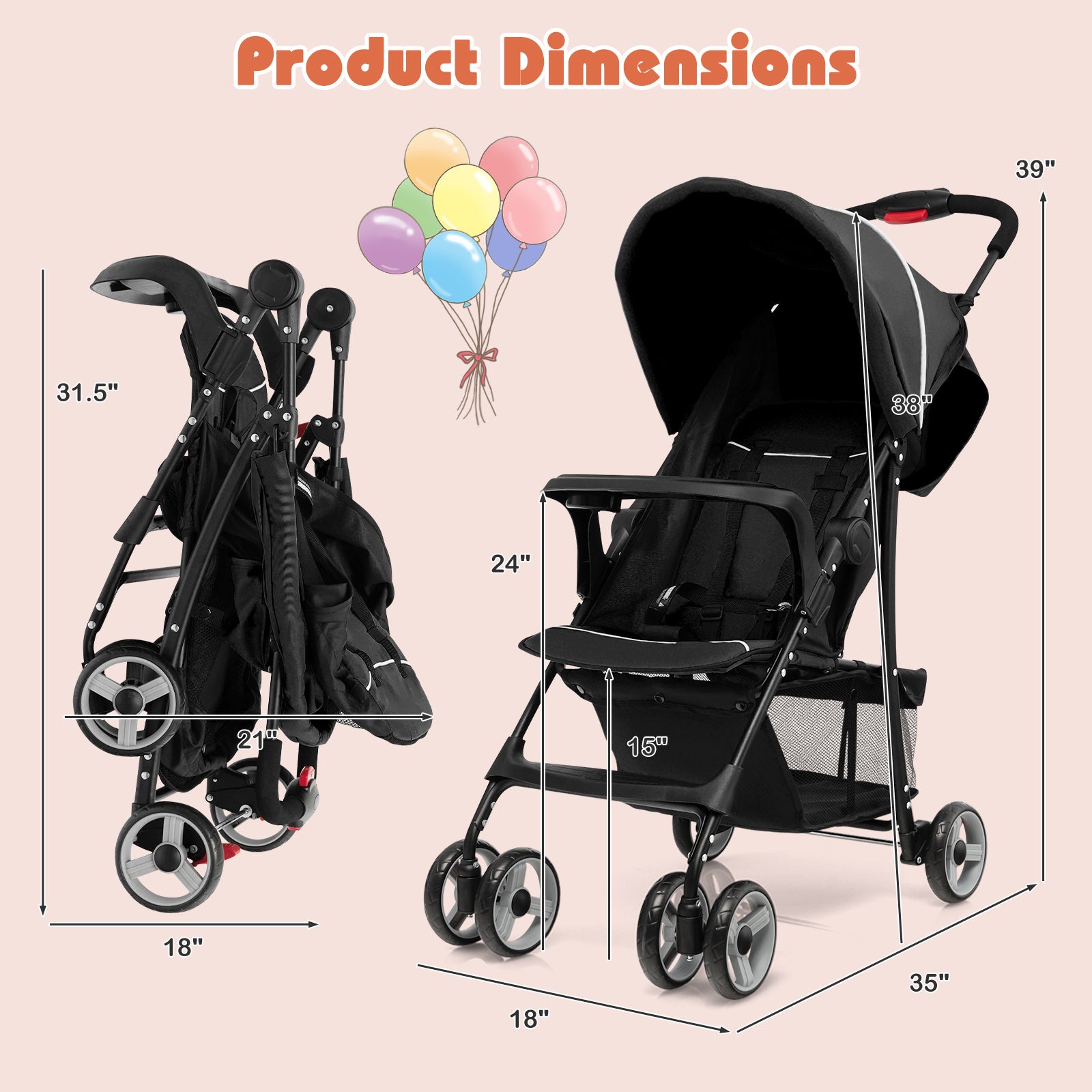 Lightweight Travel Stroller with Single Hand Folding Design, Adjustable Canopy, Reclining Backrest, 5 Point Harness, Snack Tray, Storage, Foldable And Portable Stroller, Kids Travel Wagon, Baby Stroller