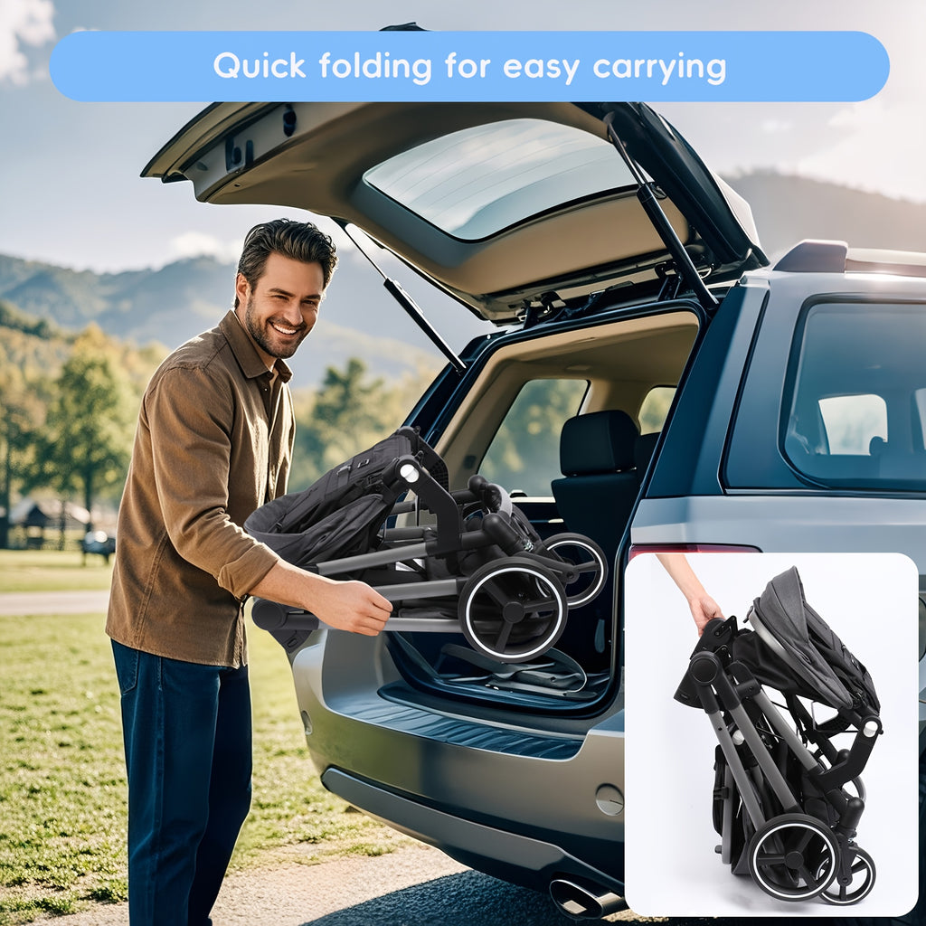Foldable Double Stroller - Tandem Design with Adjustable Backrest, Reversible Seat, Five-point Safety Harness and Storage Basket - Convertible Bassinet for Infants and Toddlers