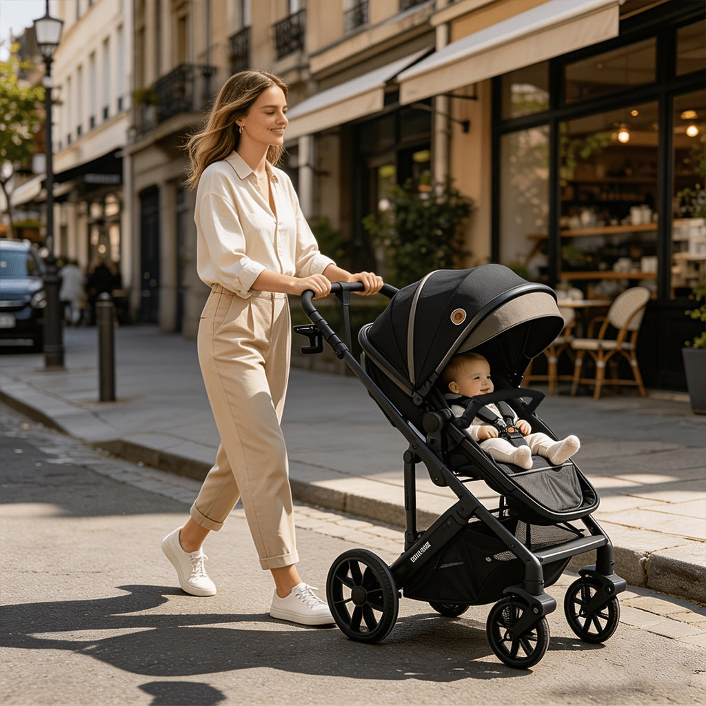 High View Baby Stroller, Reversible Pushchair with Large Wheels Anti Shock for Toddler, Adjustable Seat Stroller with Large Storage Basket, High Landscape Stroller
