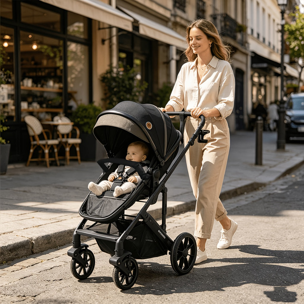 High View Baby Stroller, Reversible Pushchair with Large Wheels Anti Shock for Toddler, Adjustable Seat Stroller with Large Storage Basket, High Landscape Stroller