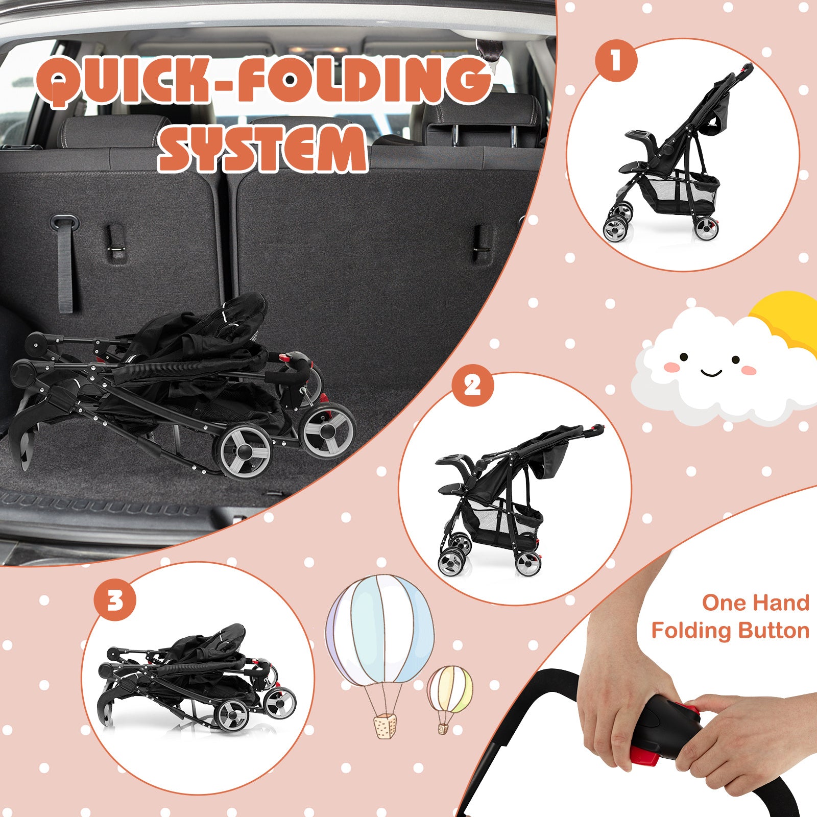 Lightweight Travel Stroller with Single Hand Folding Design, Adjustable Canopy, Reclining Backrest, 5 Point Harness, Snack Tray, Storage, Foldable And Portable Stroller, Kids Travel Wagon, Baby Stroller