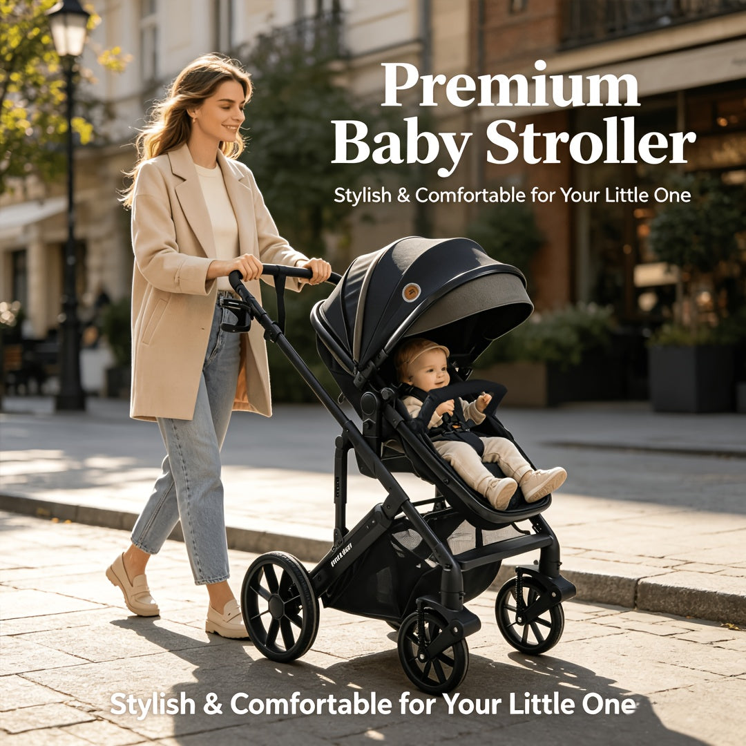 High View Baby Stroller, Reversible Pushchair with Large Wheels Anti Shock for Toddler, Adjustable Seat Stroller with Large Storage Basket, High Landscape Stroller