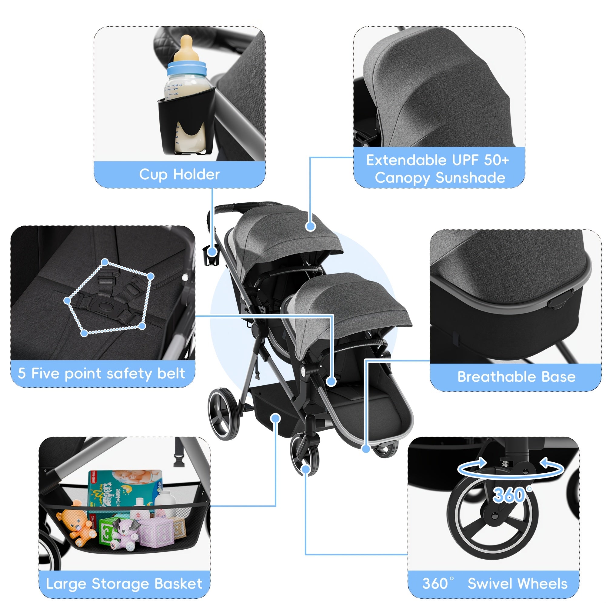 Foldable Double Stroller - Tandem Design with Adjustable Backrest, Reversible Seat, Five-point Safety Harness and Storage Basket - Convertible Bassinet for Infants and Toddlers