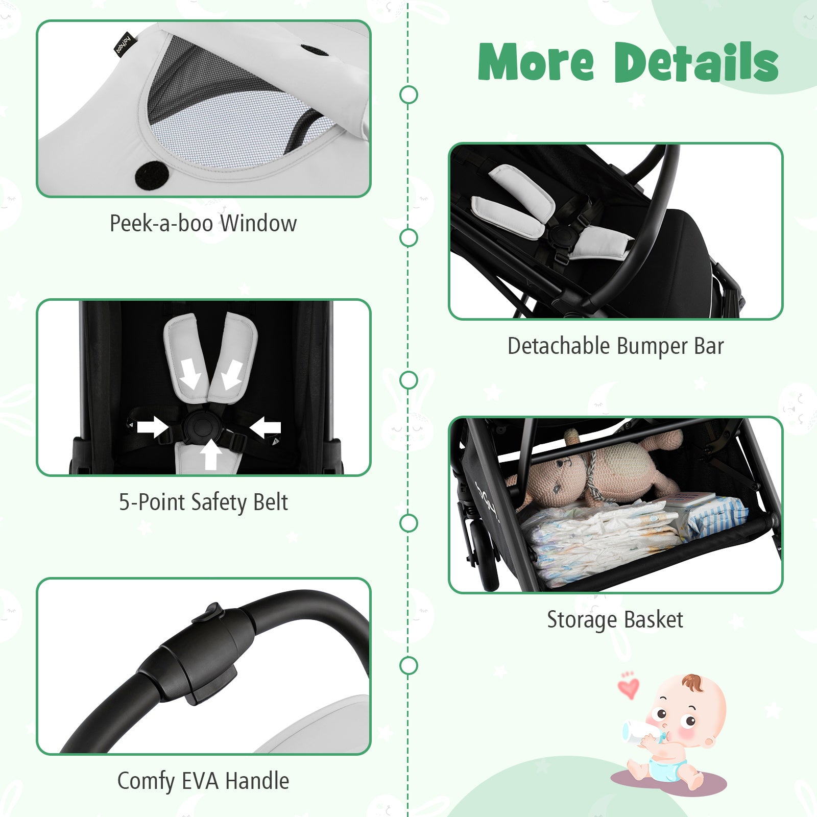 Folding Baby Stroller W\u002F Adjustable Backrest, Footrest And Canopy, Gravity Folding And Self Standing Design, All Terrain EVA Wheels, Kids Travel Wagon, Baby Stroller