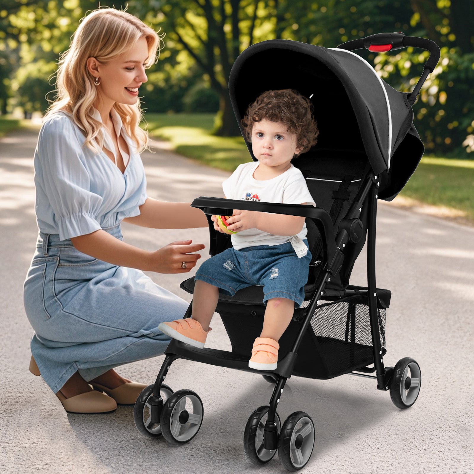 Lightweight Travel Stroller with Single Hand Folding Design, Adjustable Canopy, Reclining Backrest, 5 Point Harness, Snack Tray, Storage, Foldable And Portable Stroller, Kids Travel Wagon, Baby Stroller