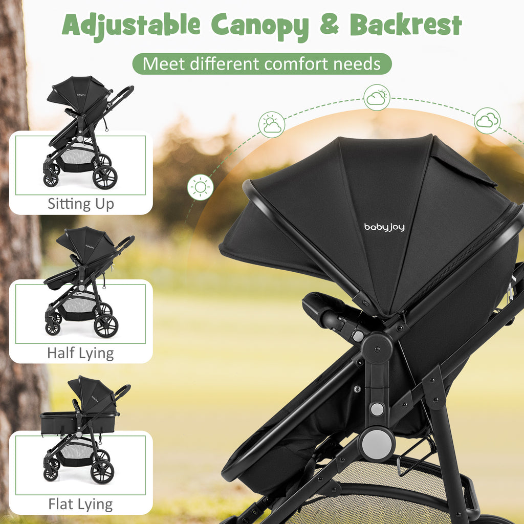 2in 1 Convertible Baby Stroller, Folding High Landscape Carriage with Adjustable Canopy, Foot Muff and Diaper Storage, Reversible Pram, Foldable Pushchair, Kids Travel Wagon, Baby Stroller