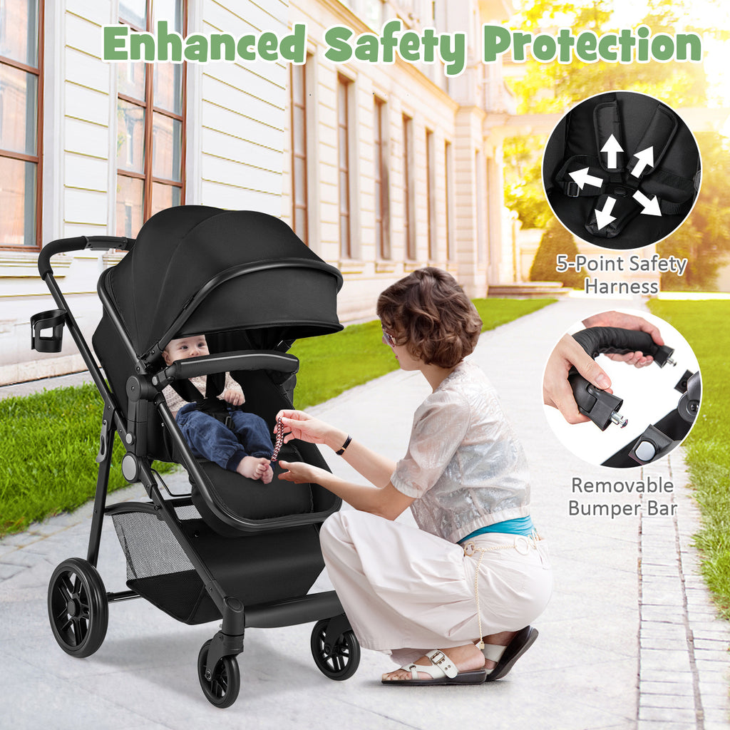 2in 1 Convertible Baby Stroller, Folding High Landscape Carriage with Adjustable Canopy, Foot Muff and Diaper Storage, Reversible Pram, Foldable Pushchair, Kids Travel Wagon, Baby Stroller