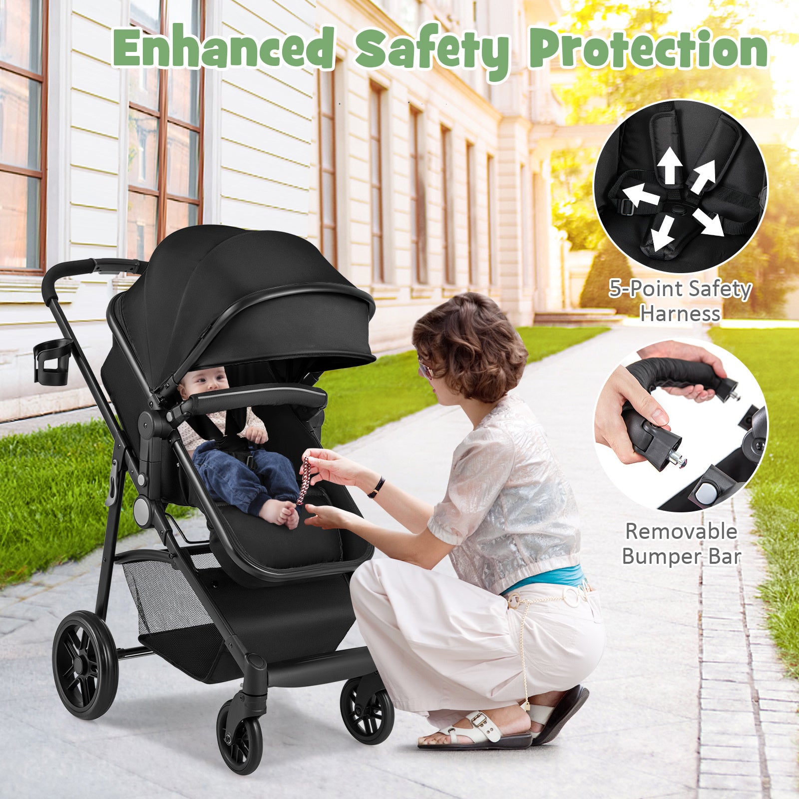 2in 1 Convertible Baby Stroller, Folding High Landscape Carriage with Adjustable Canopy, Foot Muff and Diaper Storage, Reversible Pram, Foldable Pushchair, Kids Travel Wagon, Baby Stroller