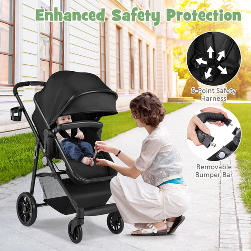 2in 1 Convertible Baby Stroller, Folding High Landscape Carriage with Adjustable Canopy, Foot Muff and Diaper Storage, Reversible Pram, Foldable Pushchair, Kids Travel Wagon, Baby Stroller