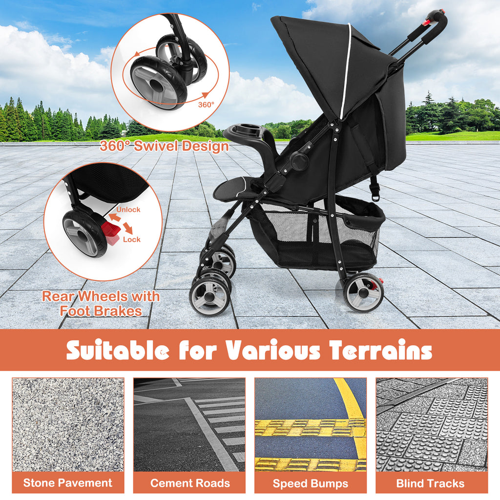 Lightweight Travel Stroller with Single Hand Folding Design, Adjustable Canopy, Reclining Backrest, 5 Point Harness, Snack Tray, Storage, Foldable And Portable Stroller, Kids Travel Wagon, Baby Stroller
