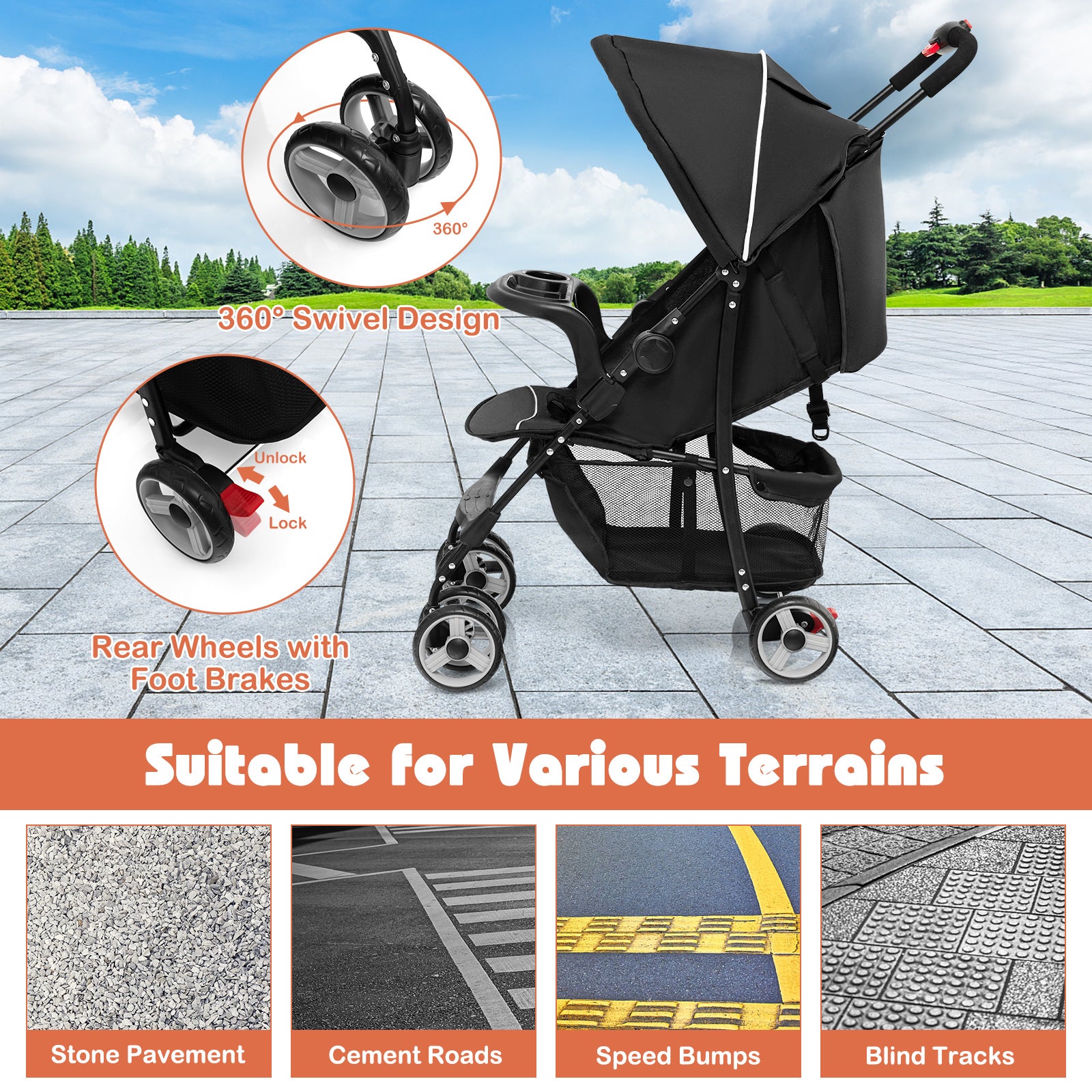 Lightweight Travel Stroller with Single Hand Folding Design, Adjustable Canopy, Reclining Backrest, 5 Point Harness, Snack Tray, Storage, Foldable And Portable Stroller, Kids Travel Wagon, Baby Stroller