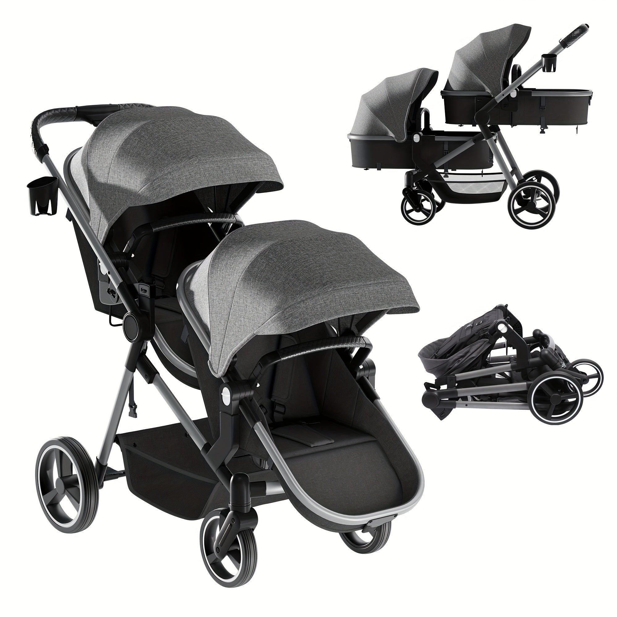 Foldable Double Stroller - Tandem Design with Adjustable Backrest, Reversible Seat, Five-point Safety Harness and Storage Basket - Convertible Bassinet for Infants and Toddlers