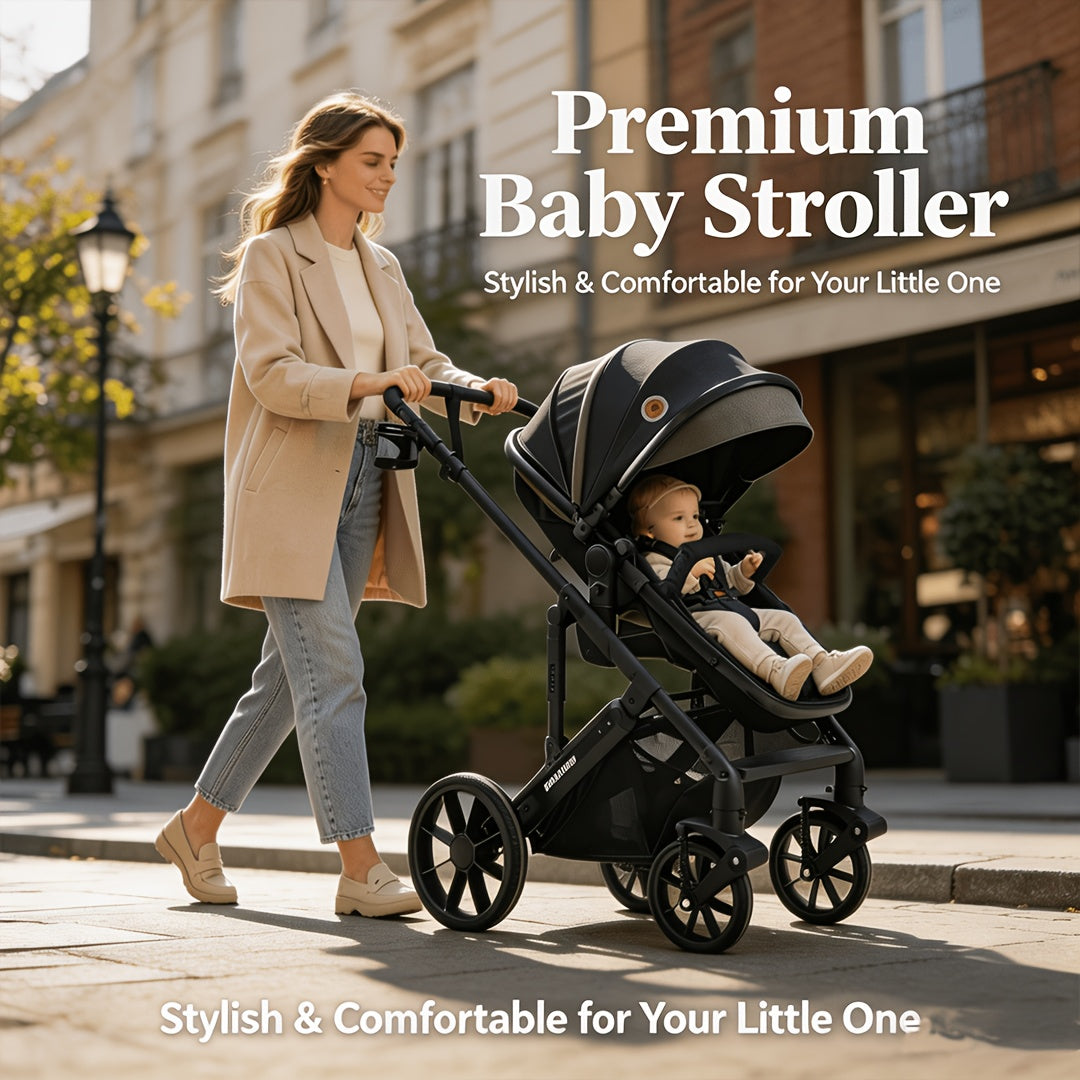 High View Baby Stroller, Reversible Pushchair with Large Wheels Anti Shock for Toddler, Adjustable Seat Stroller with Large Storage Basket, High Landscape Stroller