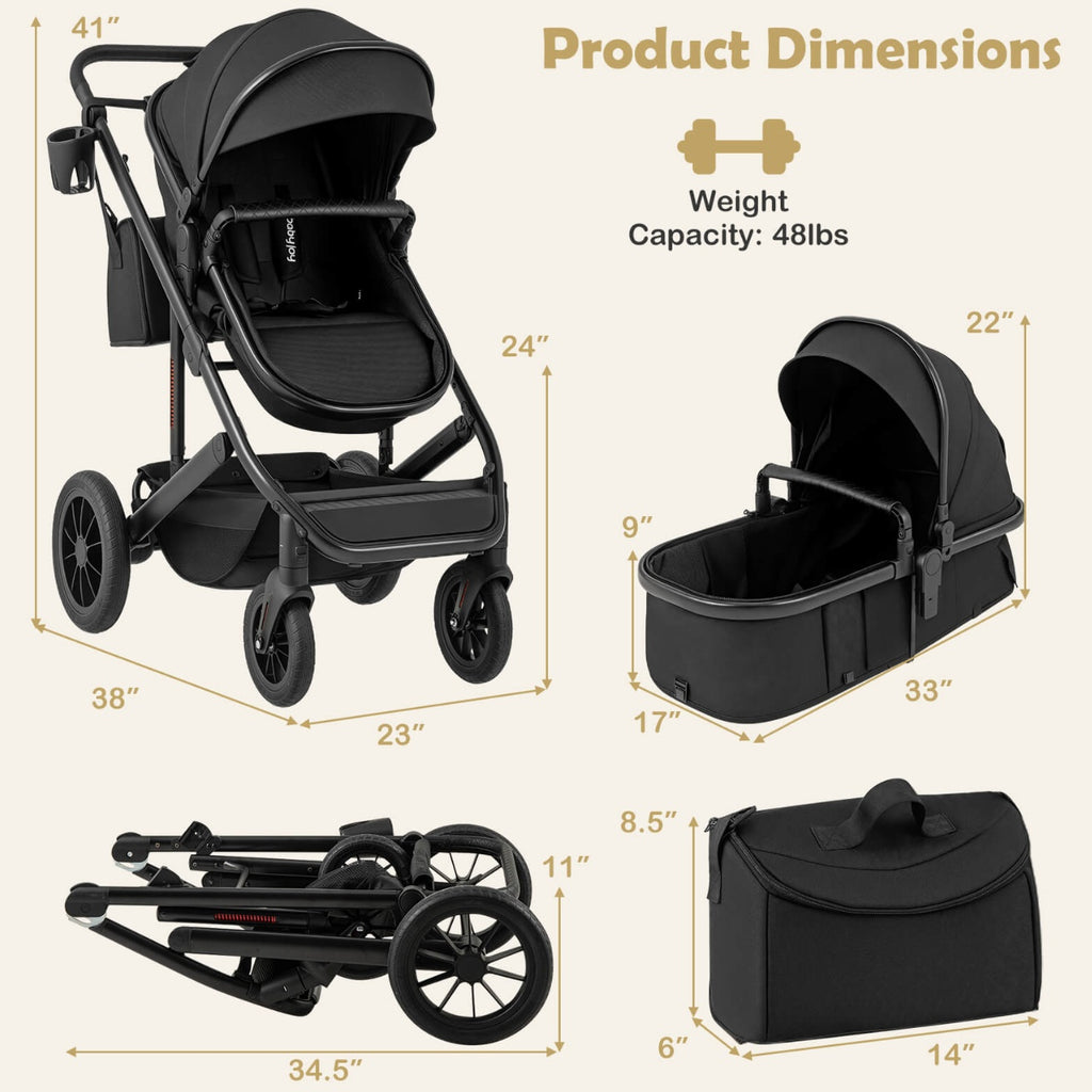 3-In-1 Baby Stroller for Newborns, Foldable High Landscape Convertible Stroller with 4 Wheels, Removable Bassinet, Adjustable Canopy And Handle, Diaper Bag, Cup Holder, Kids Travel Wagon, Baby Stroller
