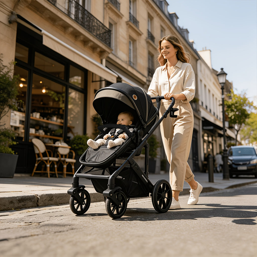 High View Baby Stroller, Reversible Pushchair with Large Wheels Anti Shock for Toddler, Adjustable Seat Stroller with Large Storage Basket, High Landscape Stroller